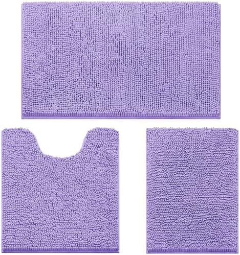 HOMEIDEAS Lavender Chenille Bathroom Rugs Set of 3, Non Slip Bath Mat