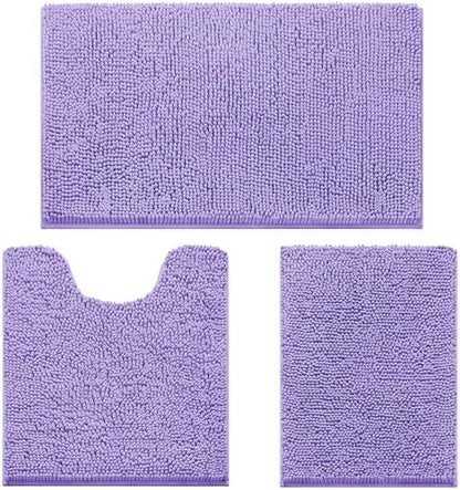HOMEIDEAS Lavender Chenille Bathroom Rugs Set of 3, Non Slip Bath Mat