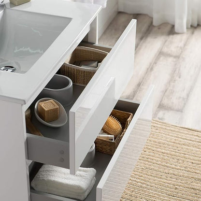 Blossom 30 Inch Single Bathroom Vanity with Ceramic Sink | All Wood Floating Vanity Cabinet | 2 Soft-Closing U-Shaped Cutout Drawers | Modern Vanities with Storage, Glossy White