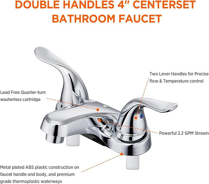 Bathroom Sink Faucets 2/3 Hole,Chrome Plating Dual Handles 4 inch Plastic Plating Over Bathroom Faucet with Pop-up Drain and 2 Supply Hoses for Apartment Rvs Sink Vanity