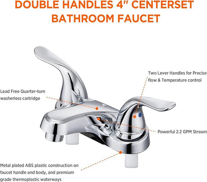 Bathroom Sink Faucets 2/3 Hole,Chrome Plating Dual Handles 4 inch Plastic Plating Over Bathroom Faucet with Pop-up Drain and 2 Supply Hoses for Apartment Rvs Sink Vanity