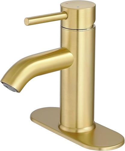 Bathroom Faucet Brushed Gold Modern Bathroom Sink Faucet, Single Handle Faucet for Sink, Vanity, RV, Lavatory, Suitable for 1 or 3 Holes, with Supply Deck Plate and Hose