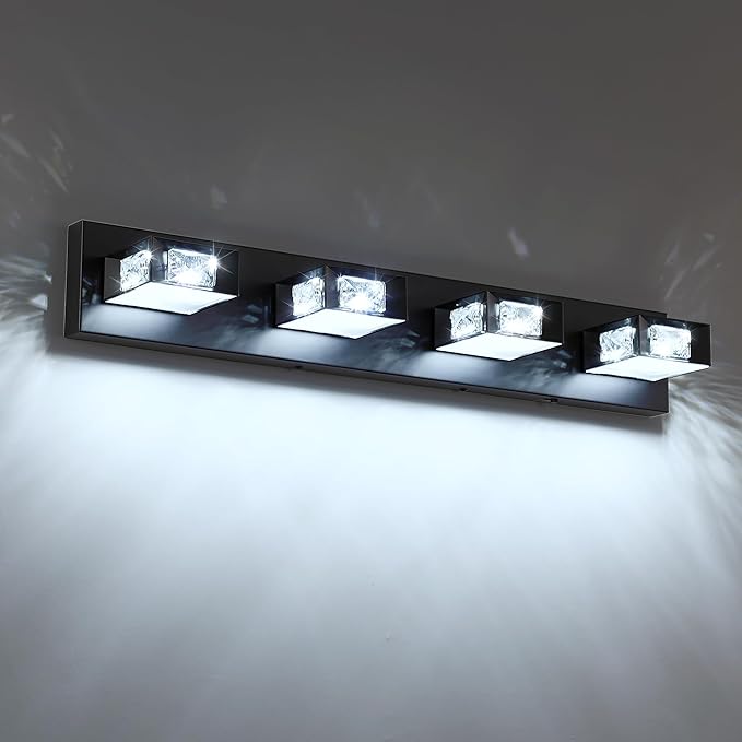 Joossnwell Black Vanity Light for Bathroom (4-Light, 28-Inch) Crystal Bath Light Fixtures 5CCT Dimmable Modern Led Bathroom Light Over Mirror with 350°Rotatable Head
