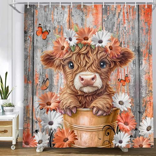 Rustic Wood Farmhouse Floral Shower Curtain for Bathroom, Western Funny Highland Cow Bull Floral Butterfly Country Flower Plant Art Printed Fabric Polyester Waterproof 12 Pack Plastic Hooks 47X64in