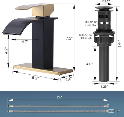 Black and Gold Bathroom Faucet, ARCORA Waterfall Faucet for Bathroom Sink Single Handle Mixer Tap Lavatory Vanity Faucet with Deck Plate and Pop Up Drain, 1 or 3 Hole