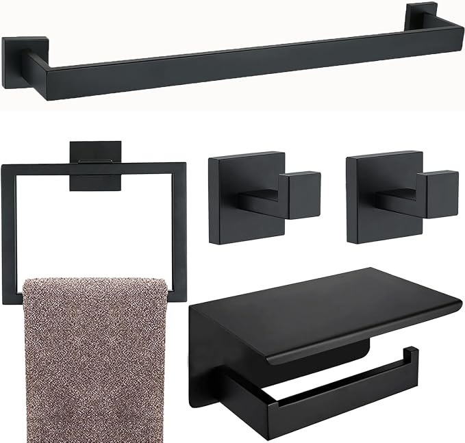 5 Pieces Bathroom Hardware Accessories Set Matte Black, 24Inch Square Towel Racks Set for Bathroom, SUS304 Stainless Steel Towel Bar Set, Toilet Paper Holder with Shelf Wall Mounted