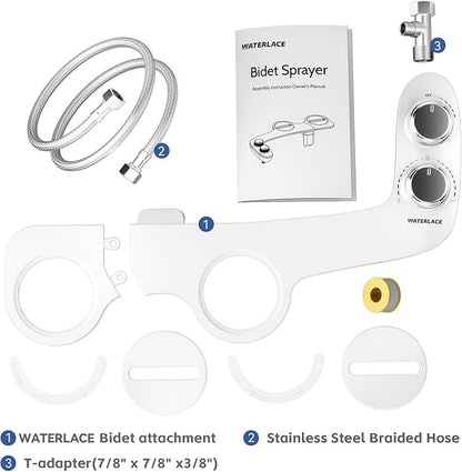 Bidet Attachment for Toilet Sprayer, Self-Cleaning Dual Retractable Nozzles Bidet Spray, Non-Electric Adjustable Water Pressure for Hygienic Rear & Feminine Wash, Easy Installation Ultra-Slim (Black)