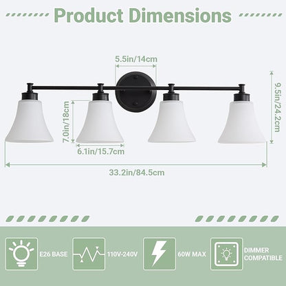 LOUSACE 4 Light Bathroom Vanity Light Matte Black Bathroom Lighting Fixtures Over Mirror with Opal White Frosted Glass Shade, Vintage Traditional Wall Lighting Fixture Vanity Lights for Bedroom