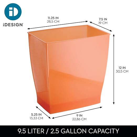 iDesign Small Plastic Bathroom Trash Can, Orange | Slim Rectangle, For Bedroom, For Office, For Dorm