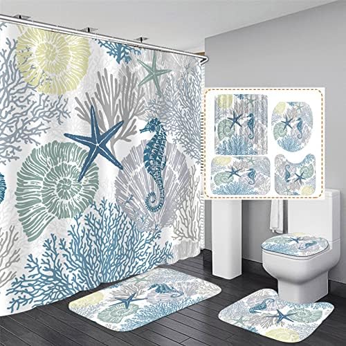 Nkzply 4 Pcs Beach Shower Curtain Set Blue Ocean Bathroom Sets with Shower Curtain and Rugs Seahorse Shower Curtains Set Seashell Starfish Bathroom Decor Accessories Coral Bathroom Rugs Set