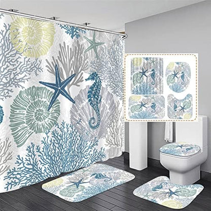 Nkzply 4 Pcs Beach Shower Curtain Set Blue Ocean Bathroom Sets with Shower Curtain and Rugs Seahorse Shower Curtains Set Seashell Starfish Bathroom Decor Accessories Coral Bathroom Rugs Set