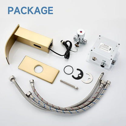 Touchless Bathroom Faucet Touchless Bathroom Sink Faucet with Control Box, Automatic Sensor Vanity Faucets and Temperature Mixer Hole Cover Plate for Easy Installation,Gold