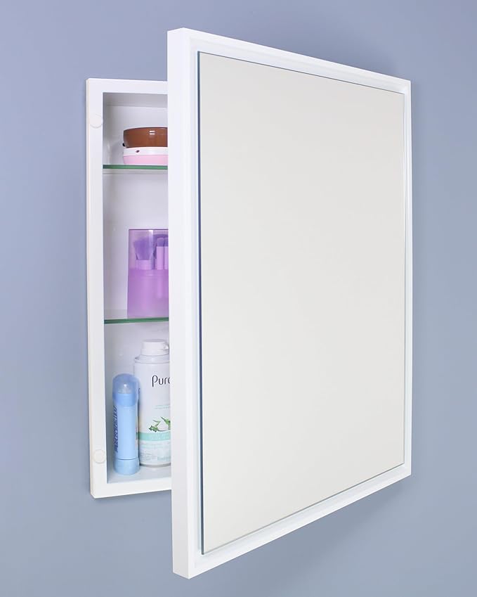 Fox Hollow Furnishings 16x20 Parker Metro Metal Framed Rectangle Recessed Bathroom Medicine Cabinet, Floating Mirror, 14x24 in-Wall Opening, Steel, Adjustable Glass Shelves, Magnet Close, White