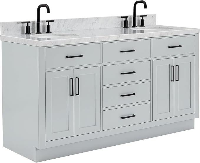 ARIEL Hepburn 66-inch Bathroom Vanity with Sink,Solid Wood, 1.5-inch Italian Carrara Marble Countertop & Backsplash, Double Oval Porcelain Sink, 4 Soft Closing Doors, 6 Dovetail Drawers, Grey