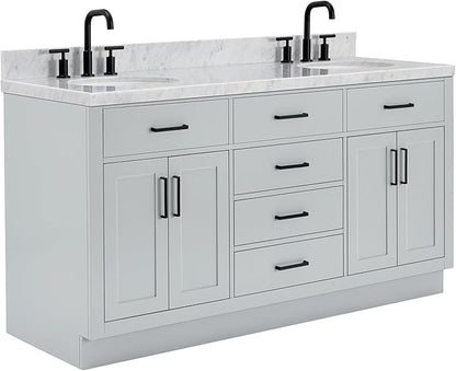 ARIEL Hepburn 66-inch Bathroom Vanity with Sink,Solid Wood, 1.5-inch Italian Carrara Marble Countertop & Backsplash, Double Oval Porcelain Sink, 4 Soft Closing Doors, 6 Dovetail Drawers, Grey
