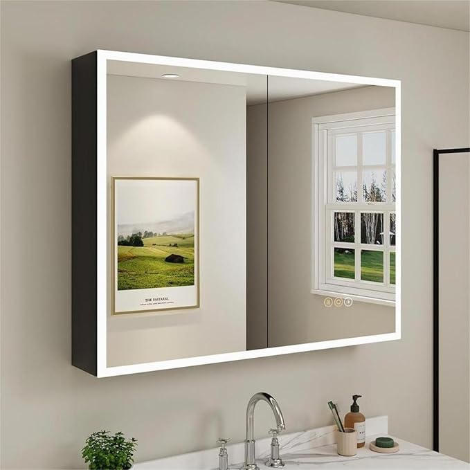 Buruis 40 x 32 Inch Medicine Cabinet with LED Lights and Mirror, Recessed/Wall Mounted Bathroom Cabinet, 3-Color Light, Defogger, Memory Function, Outlet & USB, Dimmer, Black