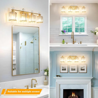 Modern Crystal Bathroom Vanity Light, 4-Lights Bathroom Light Fixtures, Brass Gold Vanity Lighting Fixtures Over Mirror, Brushed Wall Sconce Light for Bedroom, Kitchen, Living Room, Gallery, E26 Base