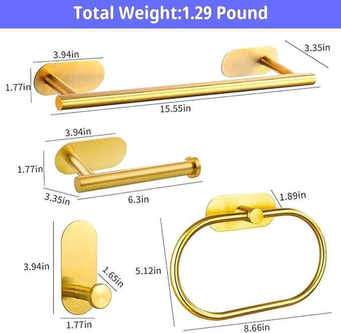 Bathroom Hardware Set, 16" Bathroom Towel Holder with Toilet Paper Holder, Towel Ring, Towel Hook, Bathroom Accessories for Kitchens, Laundry Rooms (10, Gold)