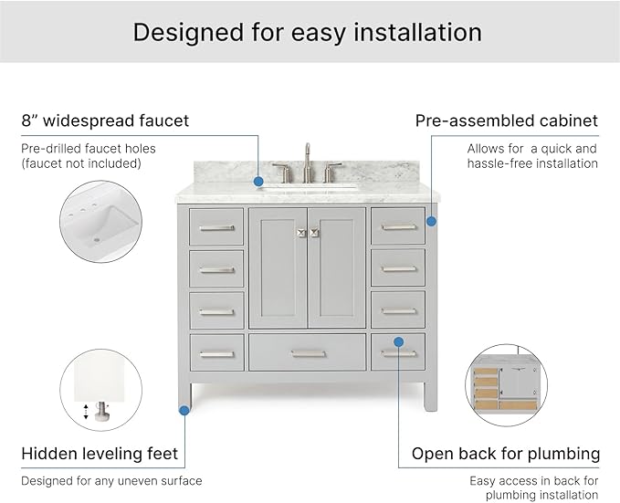 ARIEL Cambridge 42-inch Bathroom Vanity with Sink,Solid Wood, 1.5-inch Italian Carrara Marble Countertop, Single Rectangular Porcelain Sink, 2 Soft Closing Doors, 9 Dovetail Drawers, Grey