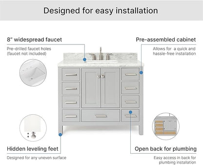 ARIEL Cambridge 42-inch Bathroom Vanity with Sink,Solid Wood, 1.5-inch Italian Carrara Marble Countertop, Single Rectangular Porcelain Sink, 2 Soft Closing Doors, 9 Dovetail Drawers, Grey