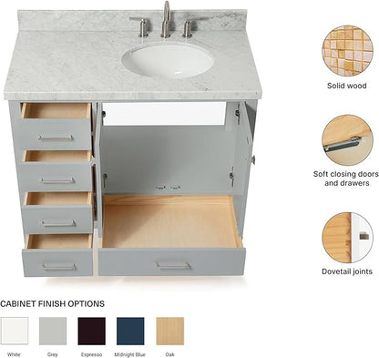 ARIEL Cambridge 42-inch Bathroom Vanity with Sink,Solid Wood, 1.5-inch Italian Carrara Marble Countertop & Backsplash, Single Oval Porcelain Sink, 2 Soft Closing Doors, 5 Dovetail Drawers, Grey