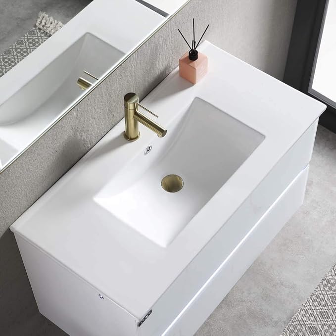 Blossom LED Lighted 36 Inch Bathroom Vanity with Ceramic Sink | Wall Mounted Floating Bathroom Vanity with Dimmable LED Lights | Modern Design Bathroom Vanities | Calacatta White