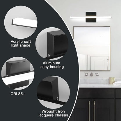 LED Bathroom Vanity Light 16inch Over Mirror Lighting Fixture Modern Indoor Black 10W 5000K Cool White Wall Sconce for Bathroom Bedroom Living Room