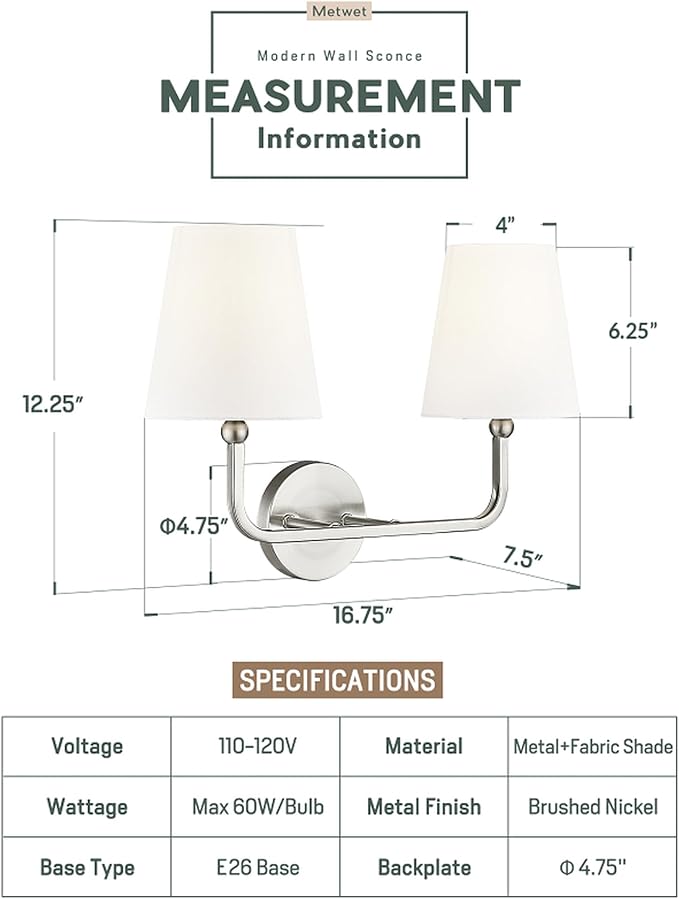 2-Light Brushed Nickel Bathroom Vanity Light, White Fabric Shades | 17" double wall sconce, upward only, E26 base, hardwired, bulbs not included, VL837-BN-2