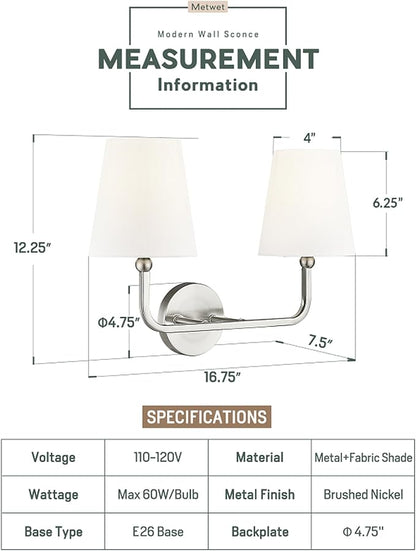 2-Light Brushed Nickel Bathroom Vanity Light, White Fabric Shades | 17" double wall sconce, upward only, E26 base, hardwired, bulbs not included, VL837-BN-2