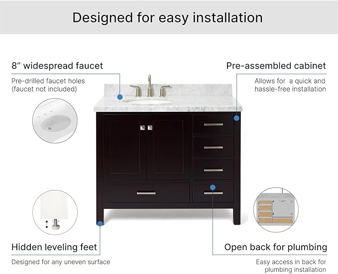 ARIEL Cambridge 42-inch Bathroom Vanity with Sink,Solid Wood, 1.5-inch Italian Carrara Marble Countertop & Backsplash, Single Oval Porcelain Sink, 2 Soft Closing Doors, 5 Dovetail Drawers, Espresso