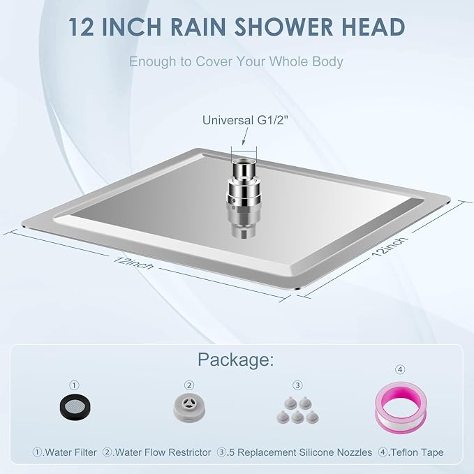 12 inch Ceiling Rain Shower Head Chrome Polished - All Metal 304 Stainless Steel, Full Body Rainrfall Shower with 144 Silicone Nozzles, Large Square Showerheads Modern Bathroom