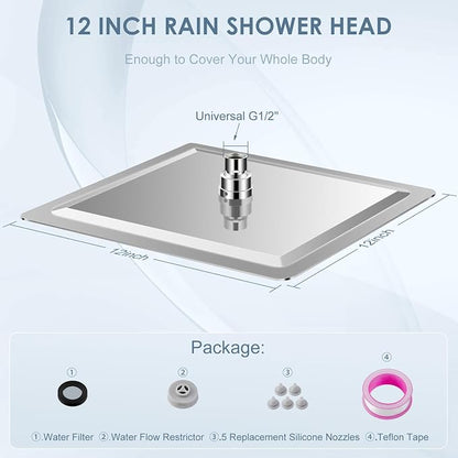 12 inch Ceiling Rain Shower Head Chrome Polished - All Metal 304 Stainless Steel, Full Body Rainrfall Shower with 144 Silicone Nozzles, Large Square Showerheads Modern Bathroom
