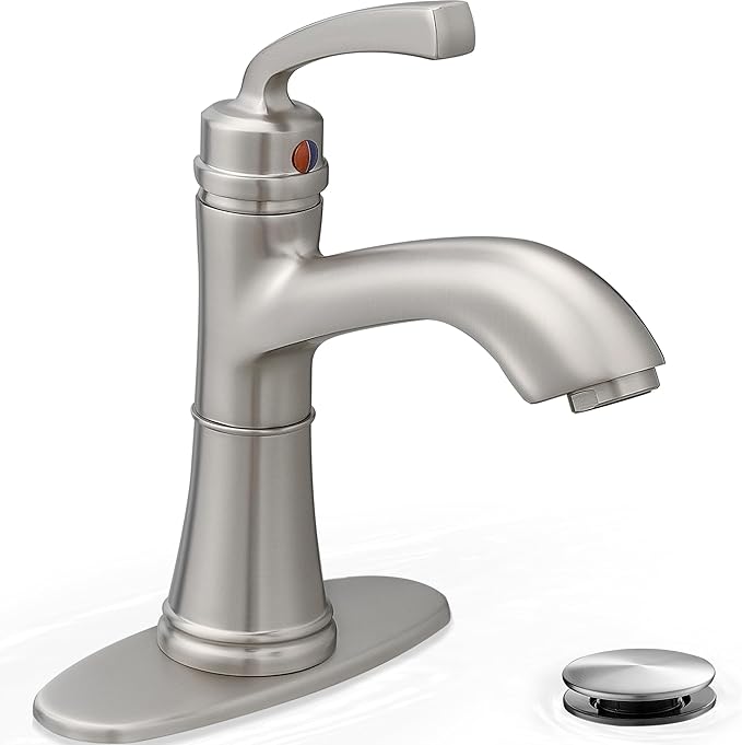 Brushed Nickel Bathroom Faucet Single Handle, Brass Bathroom Vanity Faucet 4 Inch Bathroom Sink Faucet 1 Hole or 3 Holes, Bathroom Faucets with Deck Plate & Pop-up Drain, No Noise