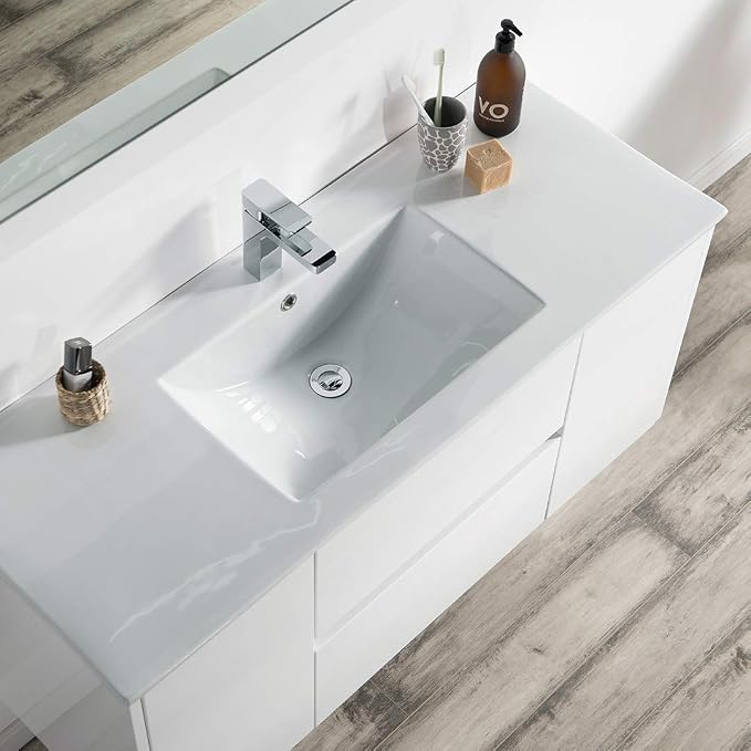 Blossom 48 Inch Bathroom Vanity with Sink, Wall Mounted All-Wood Floating Bathroom Vanity Cabinet with Ceramic Sink, Vanities for Bathroom, 2 Doors & Soft-Closing U-Shaped Drawers, Glossy White