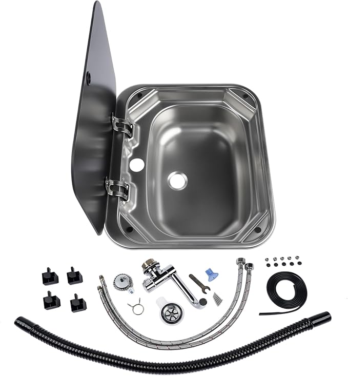 RV Sink Stainless Steel Hand Wash Basin with Folding Lid and Faucet | Tempered Glass Lid, Hot&Cold Faucet, Single Bowl Drop-In Basin Sink for RV Camper Caravan Boat Home, 16.5" x 14.3" x 6.3"