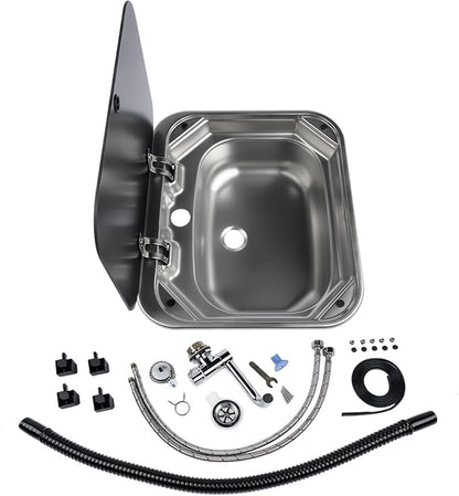 RV Sink Stainless Steel Hand Wash Basin with Folding Lid and Faucet | Tempered Glass Lid, Hot&Cold Faucet, Single Bowl Drop-In Basin Sink for RV Camper Caravan Boat Home, 16.5" x 14.3" x 6.3"