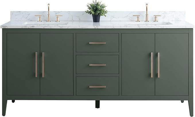 Vanity Art 72 inch Bathroom Vanity with Double Sink & Ceramic Top, Vanity Cabinet with Soft-Closing Doors, Drawers, Solid Wood Frame, Vintage Green, Brushed Nickle Handware