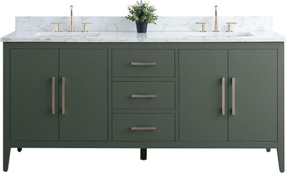 Vanity Art 72 inch Bathroom Vanity with Double Sink & Ceramic Top, Vanity Cabinet with Soft-Closing Doors, Drawers, Solid Wood Frame, Vintage Green, Brushed Nickle Handware