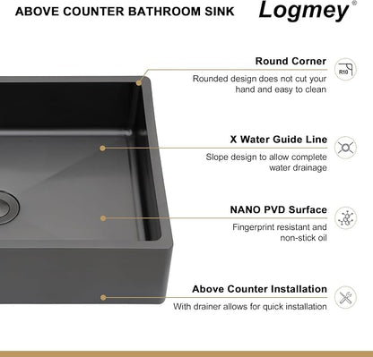 Logmey 15“ Black Shallow Bathroom Vessel Sink 15x15 Square Handmade 16 Gauge Stainless Steel Above Counter 4 Inch Deep RV Bathroom Sink Sinks with Pop up Drain Set