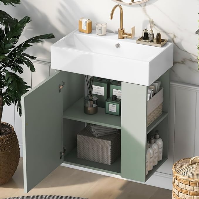22" Small Bathroom Vanity with Sink, Floating Vanity for Bathrooms with Soft-Close Door and Open Shelf, Wall Mounted Narrow Bathroom Vanities for Compact Bathrooms (Green,22" Floating Right Shelf)