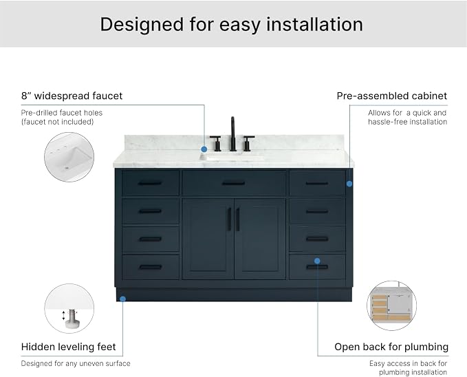ARIEL Hepburn 60-inch Bathroom Vanity with Sink,Solid Wood, 1.5-inch Italian Carrara Marble Countertop, Single Rectangular Porcelain Sink, 2 Soft Closing Doors, 9 Dovetail Drawers, Midnight Blue