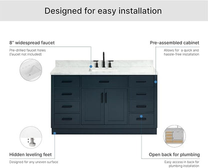 ARIEL Hepburn 60-inch Bathroom Vanity with Sink,Solid Wood, 1.5-inch Italian Carrara Marble Countertop, Single Rectangular Porcelain Sink, 2 Soft Closing Doors, 9 Dovetail Drawers, Midnight Blue