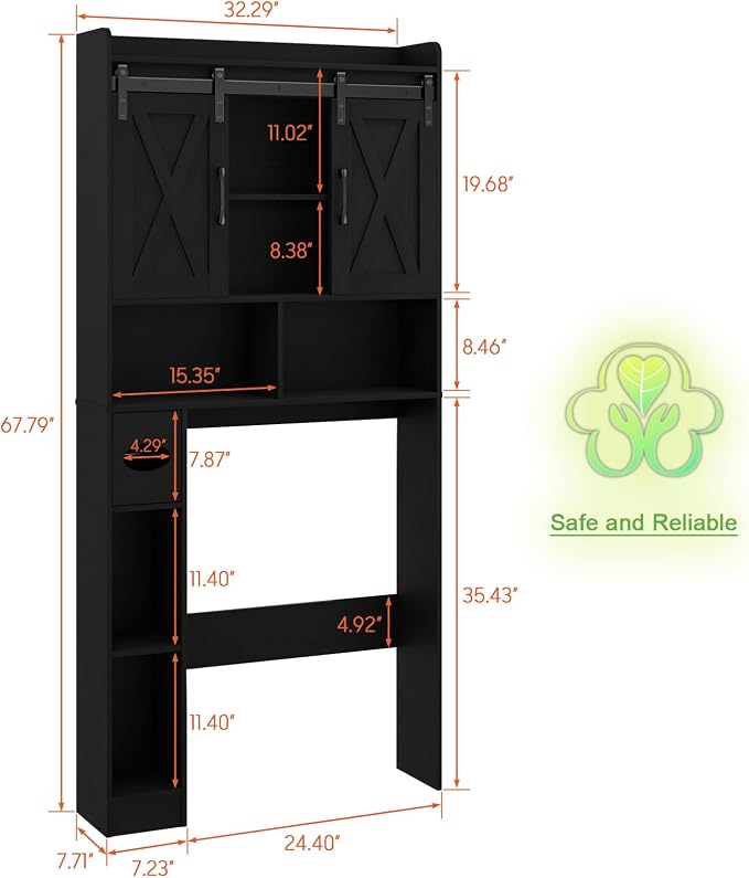 Vabches Over The Toilet Storage Cabinet with Sliding Doors, Black | Farmhouse Storage Cabinet Over Toilet, Home Space-Saving Toilet Rack, Toilet Paper Holder Stand,for Restroom,Bathroom,Laundry