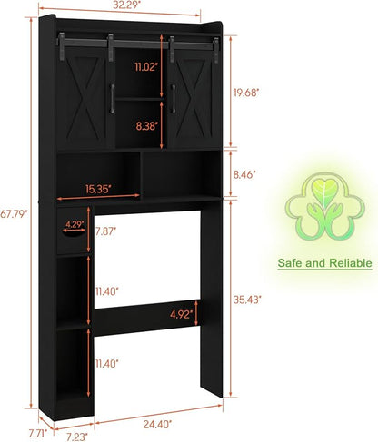 Vabches Over The Toilet Storage Cabinet with Sliding Doors, Black | Farmhouse Storage Cabinet Over Toilet, Home Space-Saving Toilet Rack, Toilet Paper Holder Stand,for Restroom,Bathroom,Laundry