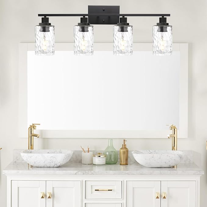 MELUCEE 4-Light Black Bathroom Vanity Light with Clear Hammered Glass | Wall Light Fixture Modern Wall Sconces Lamp for Powder Room Bedroom Kitchen Porch (Patent No.: US D963914 S)