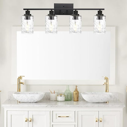 MELUCEE 4-Light Black Bathroom Vanity Light with Clear Hammered Glass | Wall Light Fixture Modern Wall Sconces Lamp for Powder Room Bedroom Kitchen Porch (Patent No.: US D963914 S)