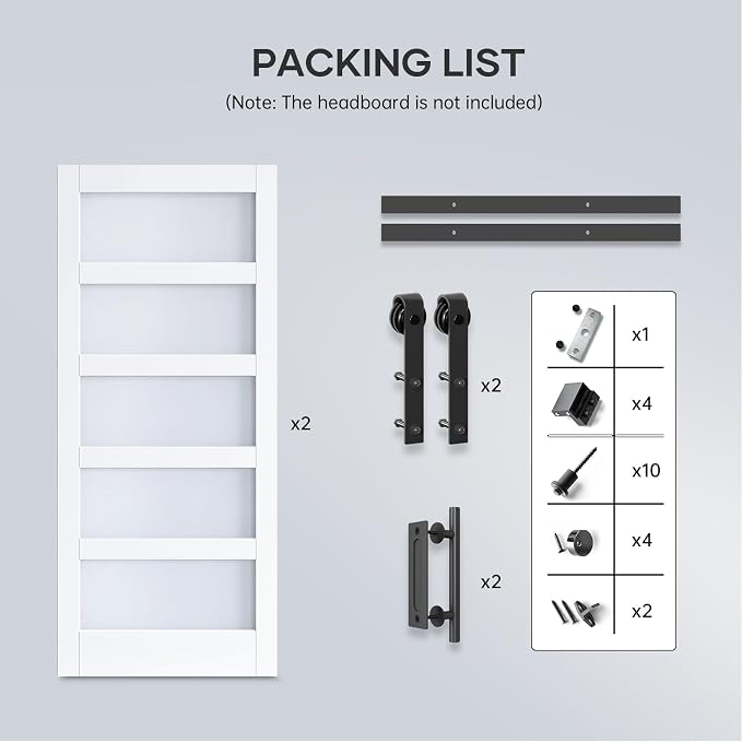 Double 38×84 Inch Glass Barn Door Slab and 13.2ft Hardware Kit Included, 5 Frosted Glass, LVL Wood Panel Covered with White Water-Proof Scratch-Proof PVC Surface, Simple DIY Assembly