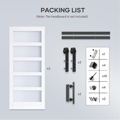 Double 38×84 Inch Glass Barn Door Slab and 13.2ft Hardware Kit Included, 5 Frosted Glass, LVL Wood Panel Covered with White Water-Proof Scratch-Proof PVC Surface, Simple DIY Assembly