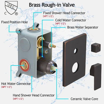 Oil Rubbed Bronze Shower System, 8 Inch High Pressure Rain Shower with Handheld, Wall Mount Shower Faucet Set for Bathroom, Rough-in Valve Body and Trim Included