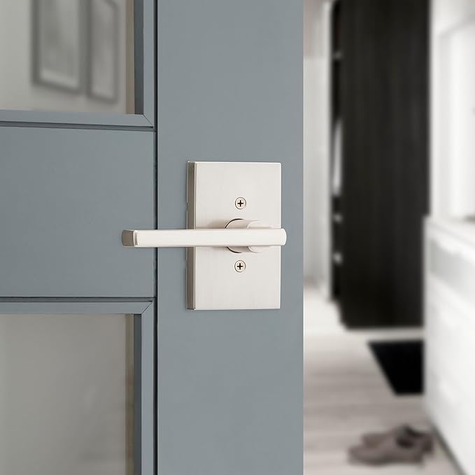 Kwikset Halifax Interior Privacy Door Handle with Lock, Door Lever For Bathroom and Bedroom, Satin Nickel Reversible Keyless Push Button Lock Door Lever, with Microban Protection